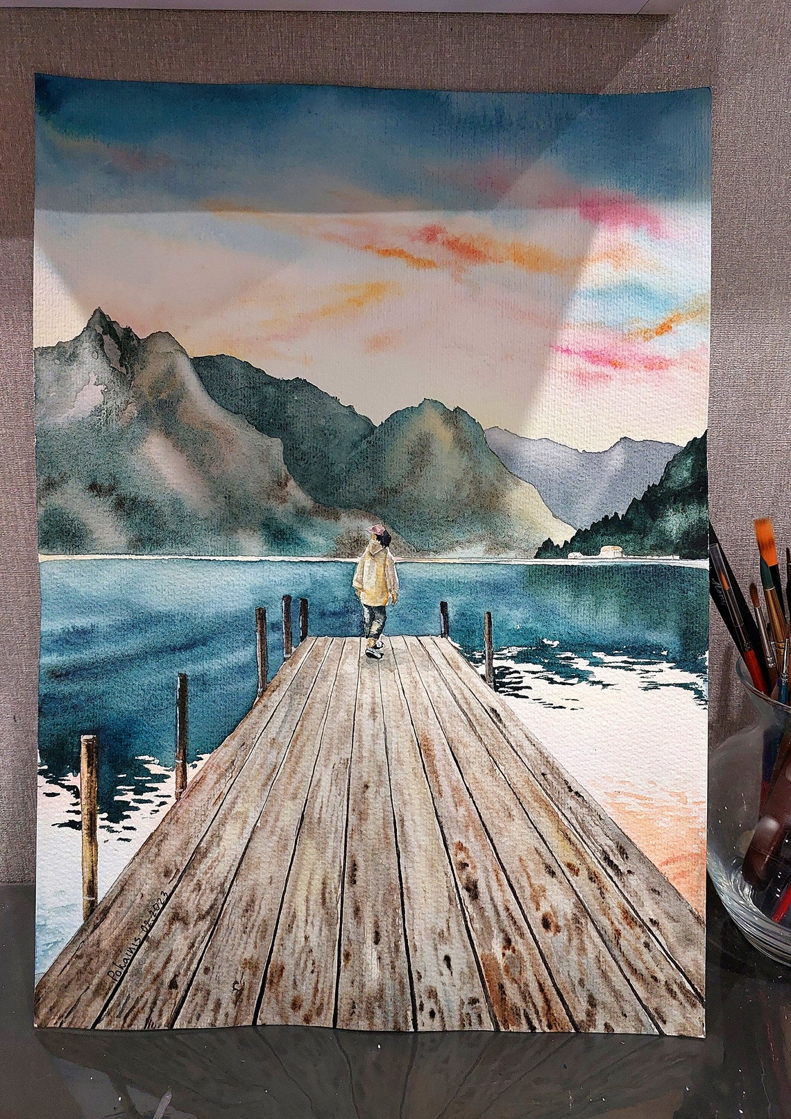 Original Watercolor Landscape Painting Painting From Photo Lake Mountain Wall Art Sunset Smoky Mountains Artwork Lake House Wall Decor - Image 3