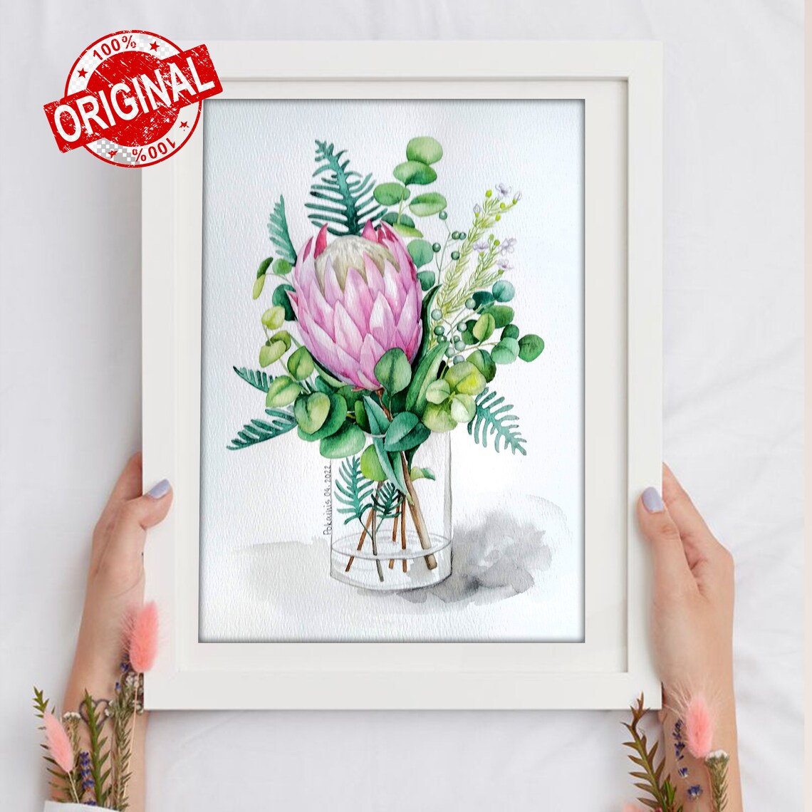 Pink King Protea Watercolor Poster In Glass Vase With Greenery - Image 3