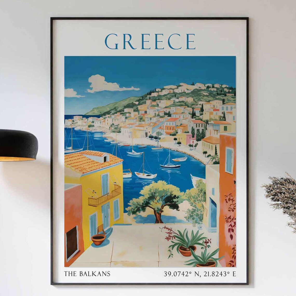 Greece Island Harbor with Sailboats and Colorful Hillside Town Poster