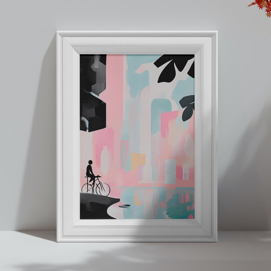 Minimalist Cyclist Silhouette Over Pastel City Water Art Poster - Image 4