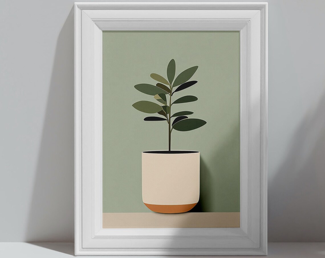 Minimalist Houseplant Cream Pot Sage Green Simple Wall Art Print