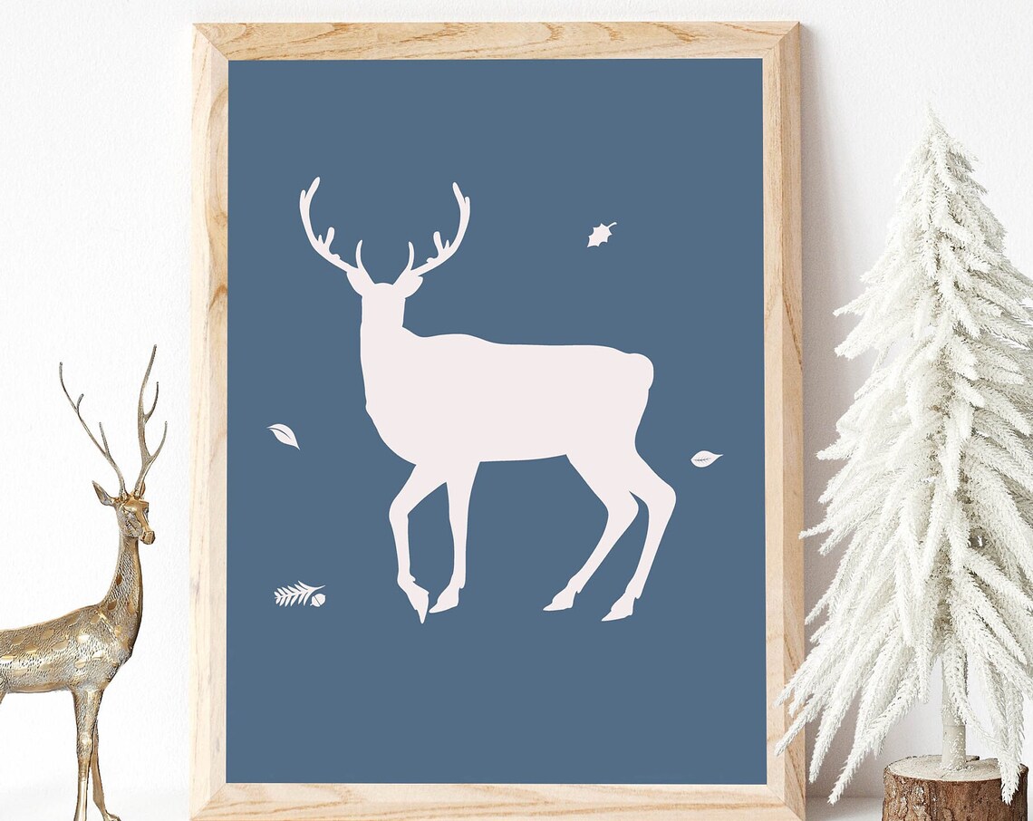 White Stag Deer Silhouette Dusty Blue Minimalist Woodland Antler Poster - Image 3