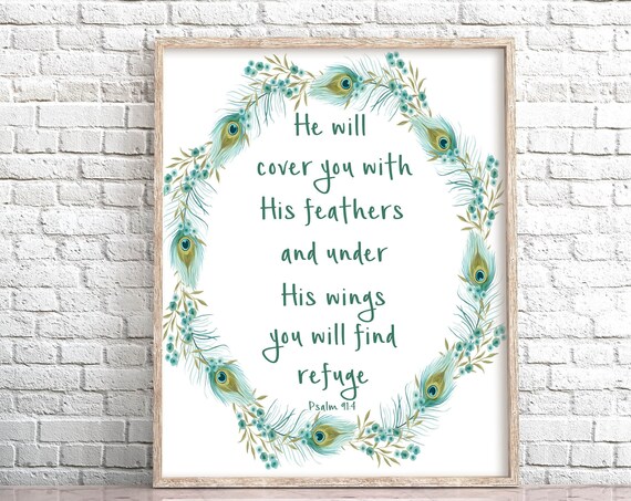 He Will Cover You With His Feathers Psalm 91 4 Peacock Wreath Poster