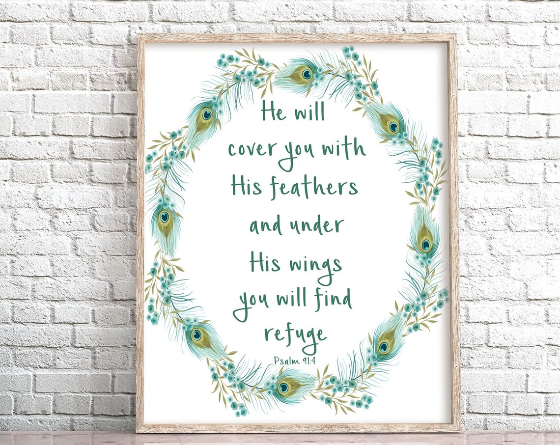 He Will Cover You With His Feathers Psalm 91 4 Peacock Wreath Poster