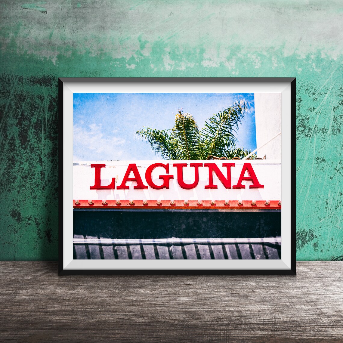 Laguna Red Marquee Sign with Palm Trees Coastal Photography Poster