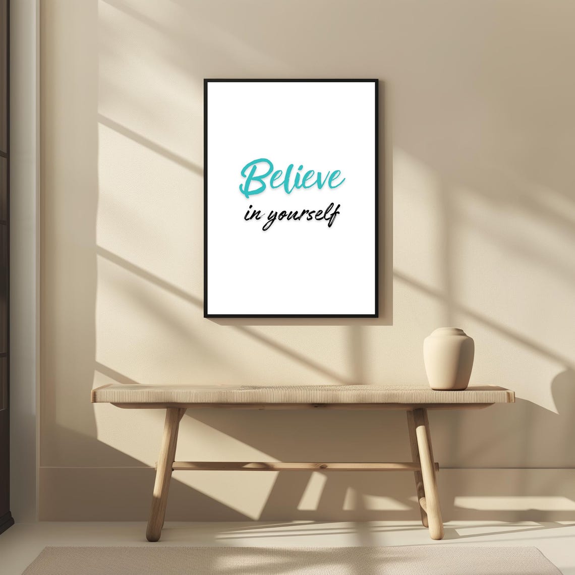 Believe In Yourself Teal Script Motivational Quote Uplifting Wall Art