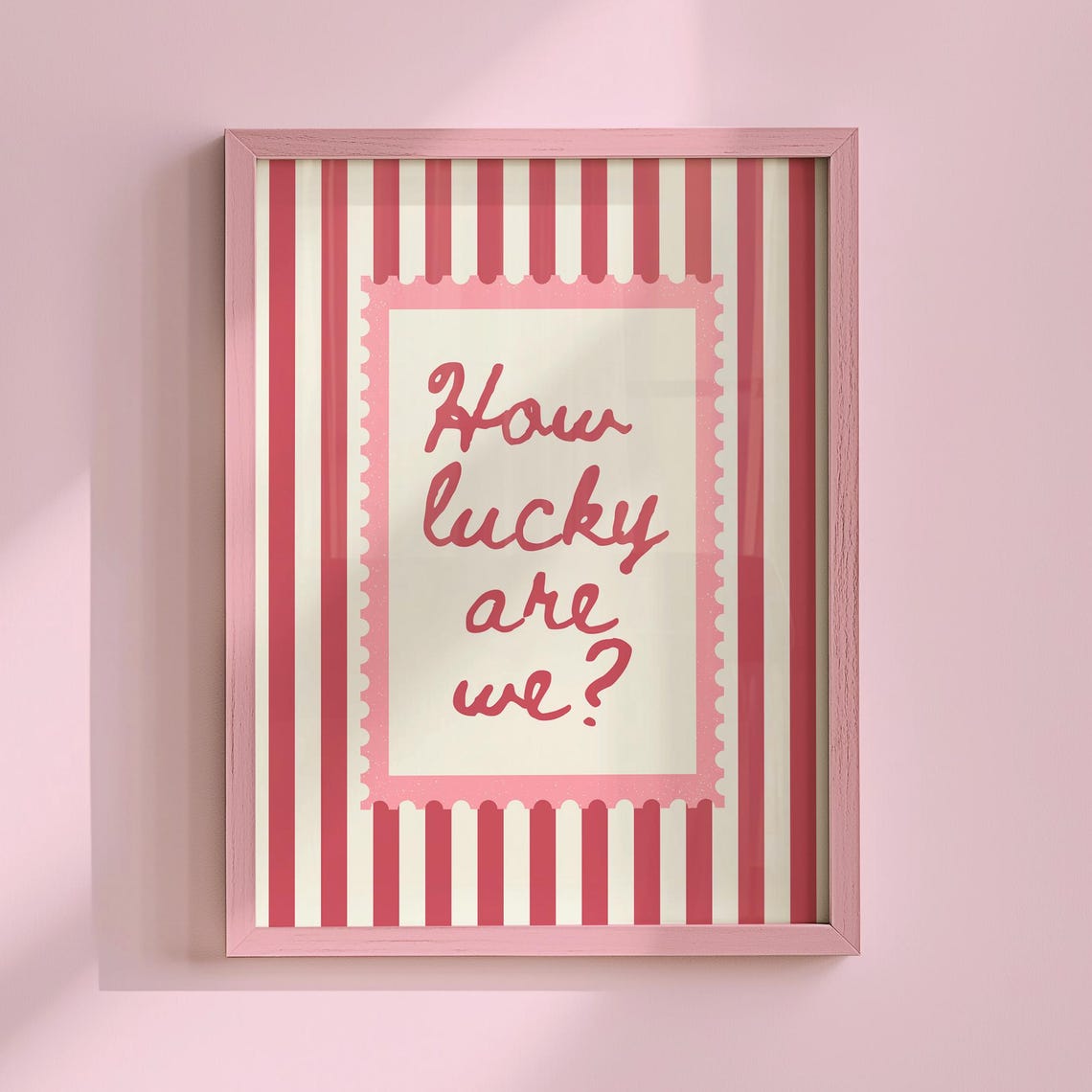 How Lucky Are We Pink Striped Postage Stamp Cute Retro Frame Poster