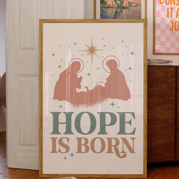 Muted Nativity Silhouette Hope Is Born Christmas Christian Poster