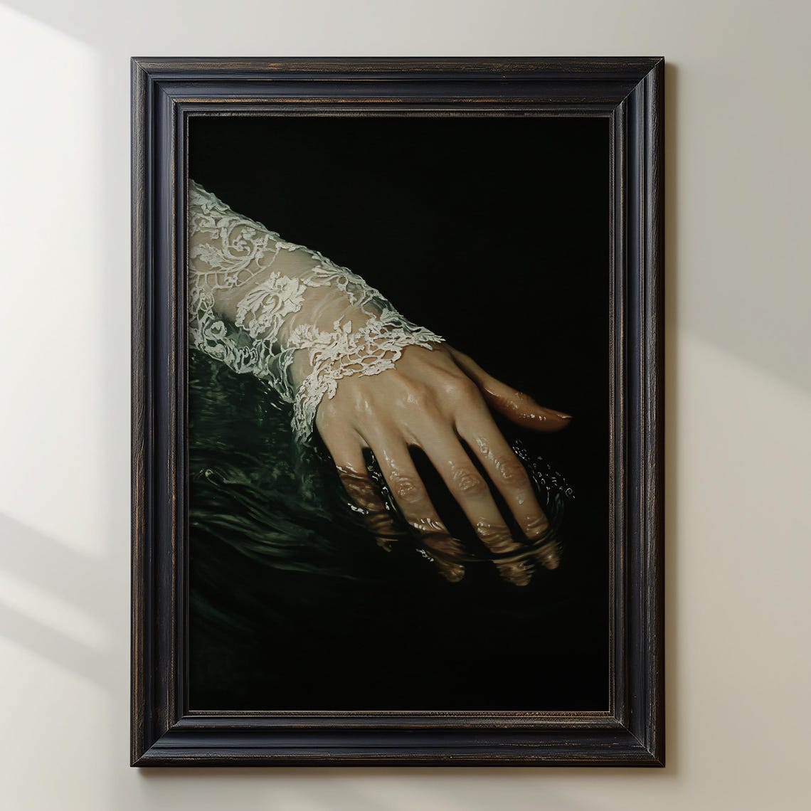Elegant Hand in a Lace Sleeve Touching Dark Water Art Poster - Image 3
