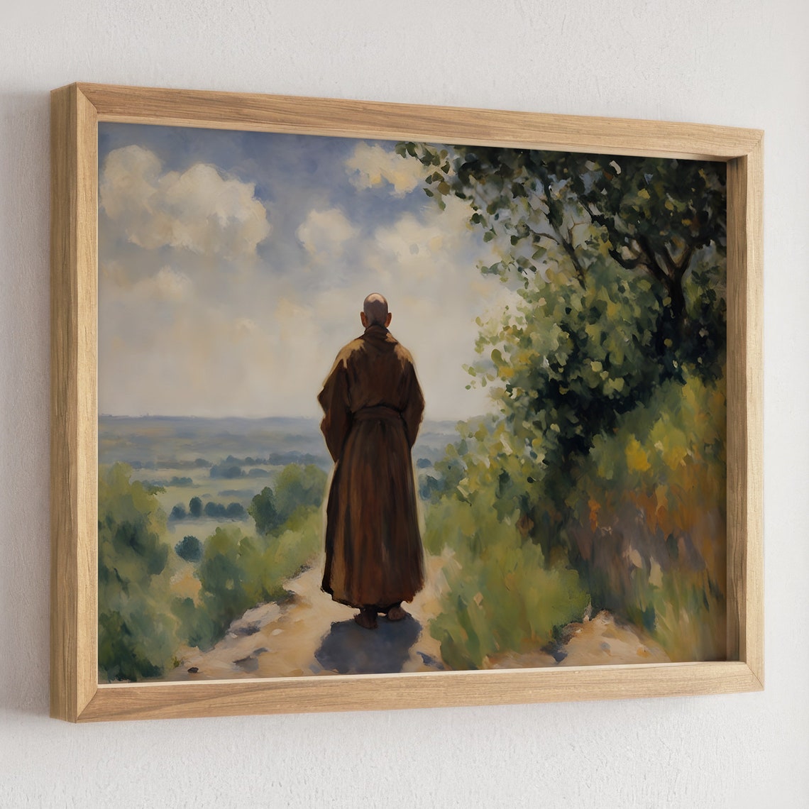 Monk Standing on a Hill Path Overlooking a Misty Valley Poster - Image 4