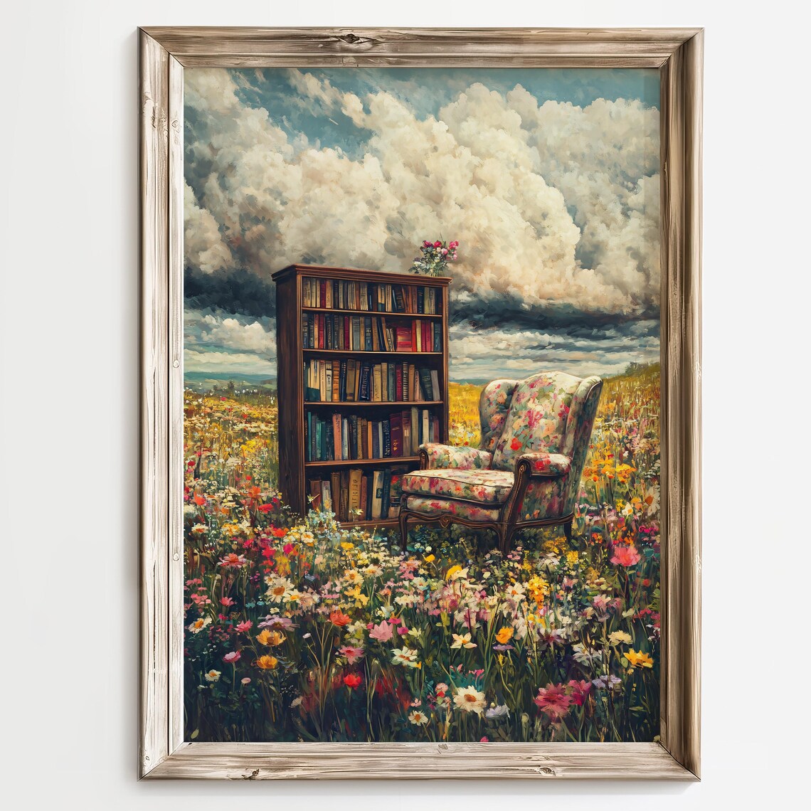 Vintage Library Floral Bookshelf Poster Print