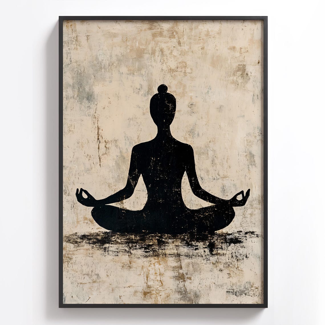 Black Silhouette of a Meditating Figure on Beige Canvas Poster - Image 4