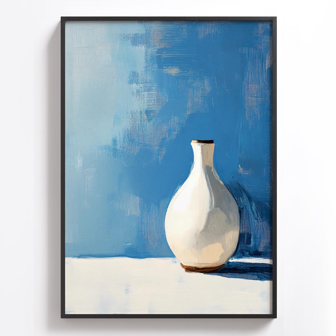 Simple White Ceramic Vase on a Bold Blue Minimalist Modern Print - Image 2