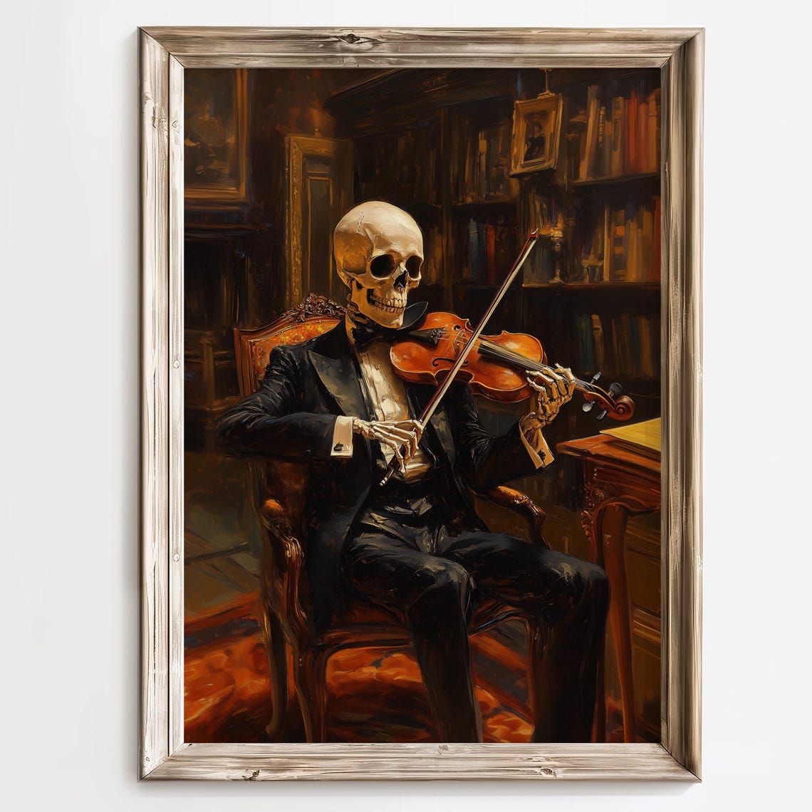 Seated Skeleton Violinist in a Vintage Library Gothic Dark Poster - Image 2