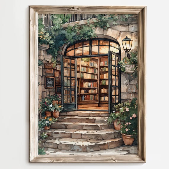 Watercolor Bookstore Art Print, Cozy Bookshop Decor