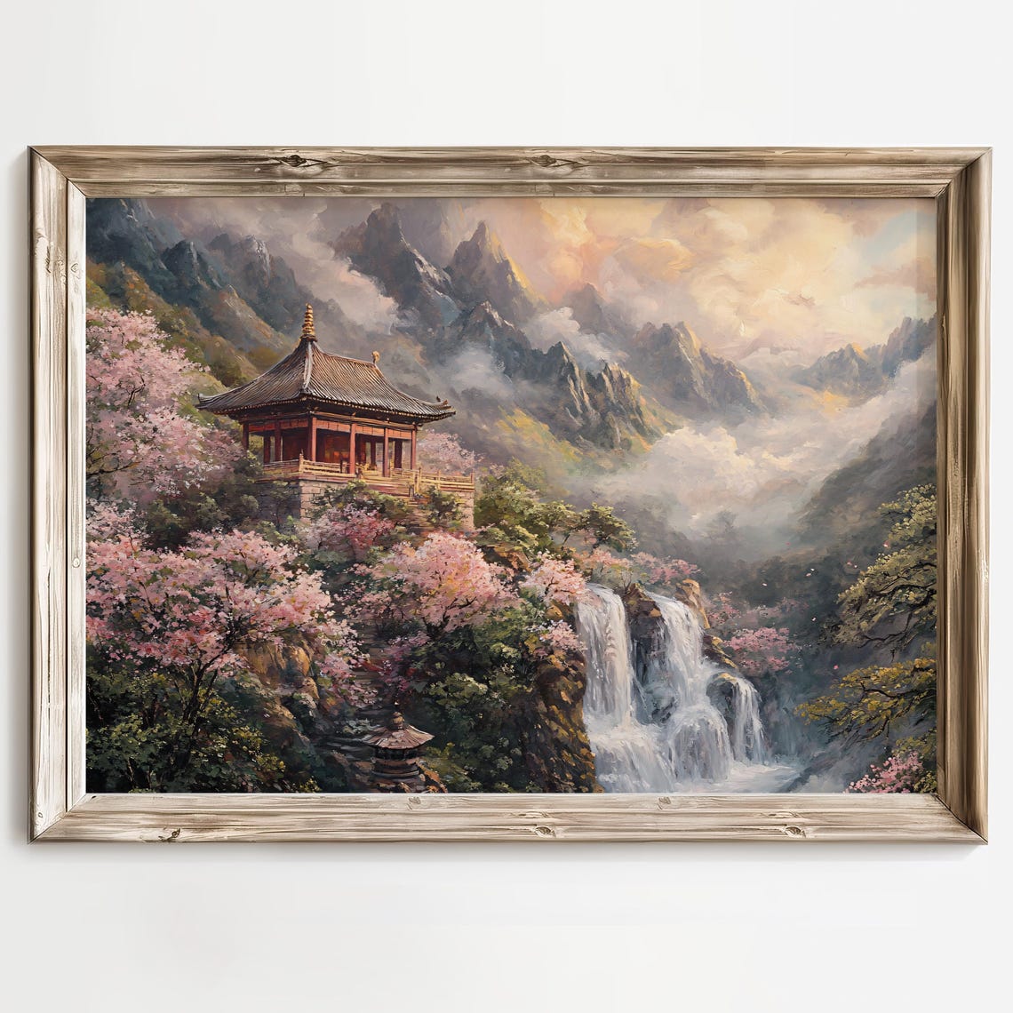 Asian Mountain Pavilion Amid Cherry Blossoms Waterfall Poster - Image 3