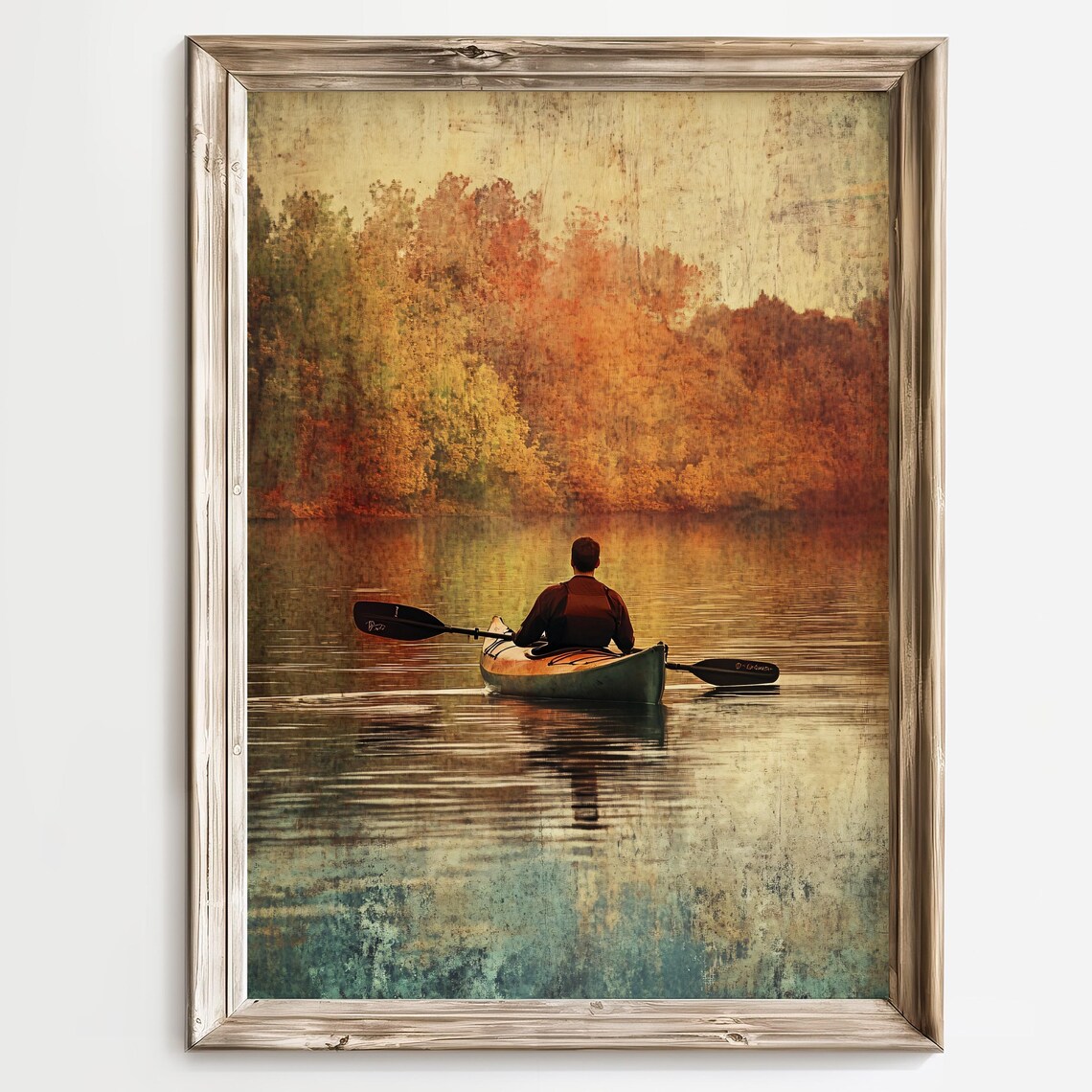 Lone Kayaker on a Golden Autumn Lake Vintage Style Scene Poster