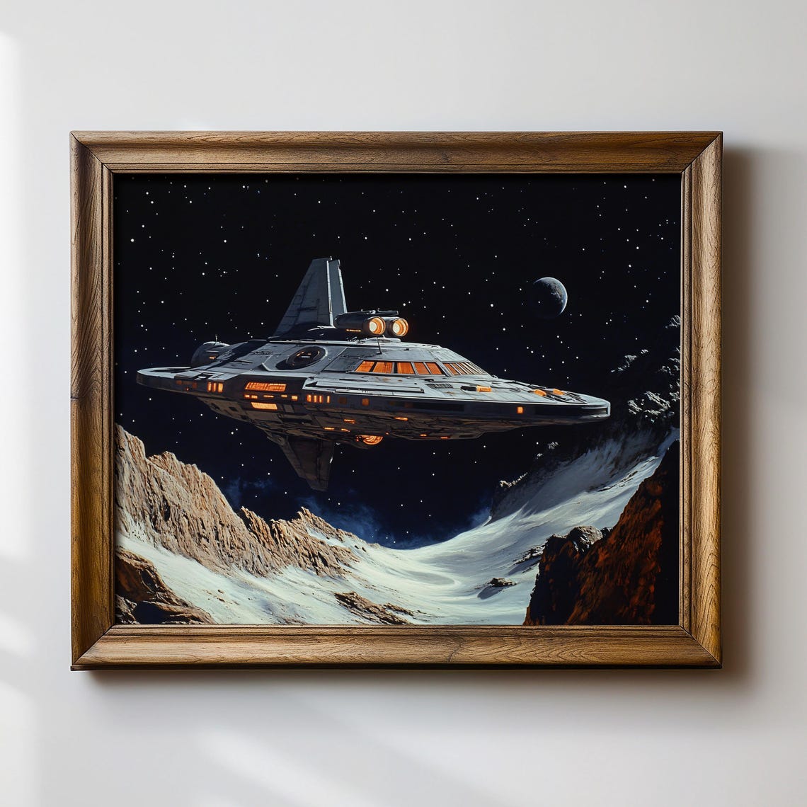 Retro Sci-Fi Spaceship Over an Icy Alien Canyon Starry Poster - Image 3