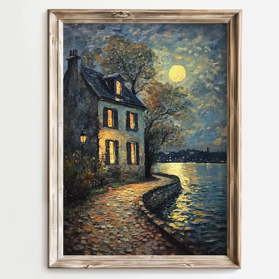 Romantic Moonlit Cottage Impressionist Nightscape River Reflections Art Print Cozy Home By Water Warm Window Glow Evening Serenity - Image 3