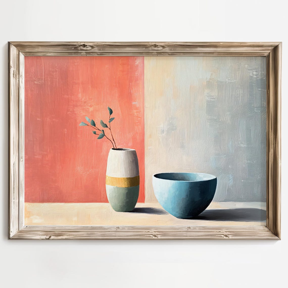 Abstract Vase And Bowl Art Minimalist Home Decor Modern Still Life Coral And Blue Wall Art Contemporary Interior Art Simple Floral Art