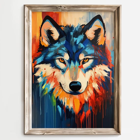 Colorful Wolf Wall Art Abstract Animal Painting Vibrant Wolf Artwork Modern Wildlife Print Bold Home Decor Boho Tribal Wolf Poster