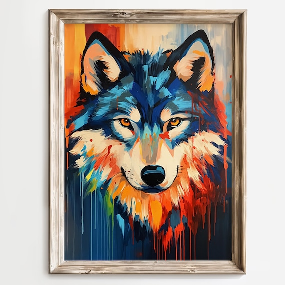 Vibrant Abstract Wolf Portrait Blue And Orange Wildlife Painting Poster