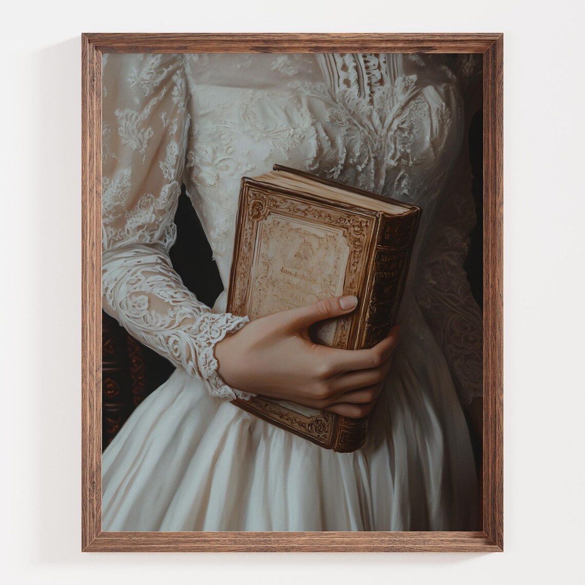 Elegant Woman in a White Lace Dress Holding an Antique Book Poster - Image 3