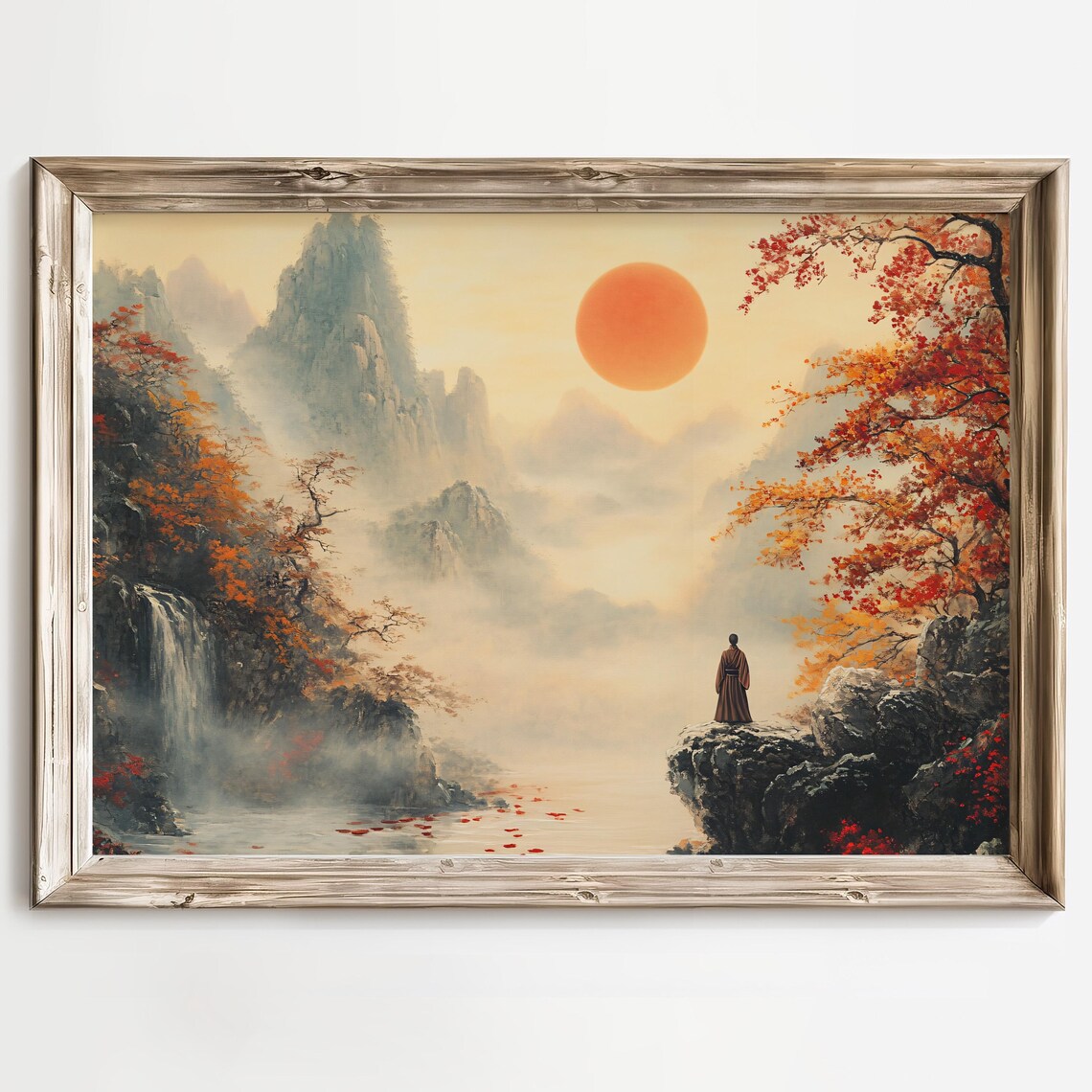 Red Sun Over Waterfall Misty Autumn Mountains Zen Travel Scene Poster
