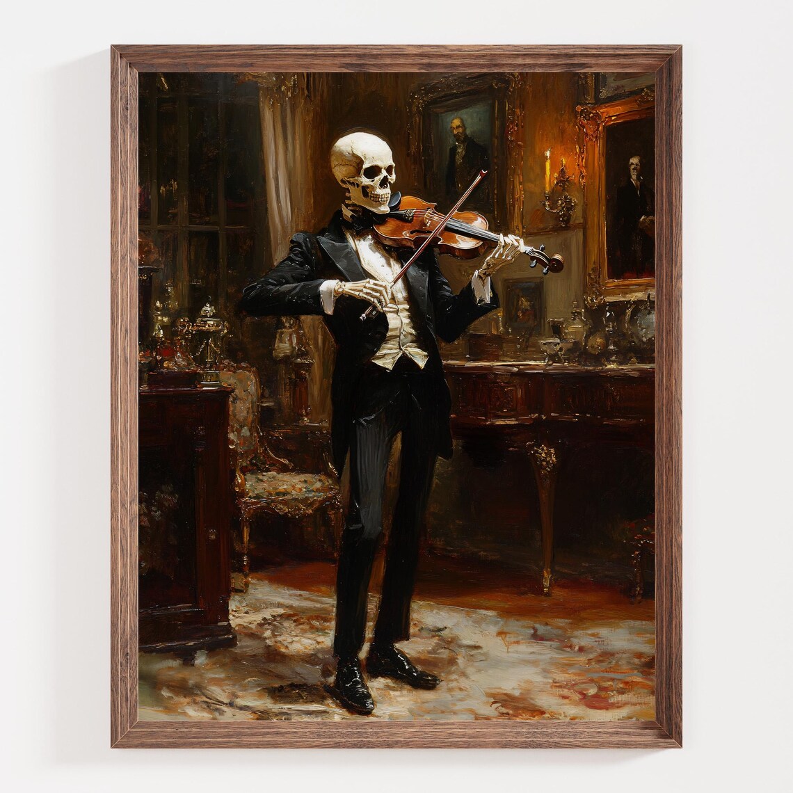 Elegant Skeleton Violinist in a Tuxedo Gothic Oil Painting Poster