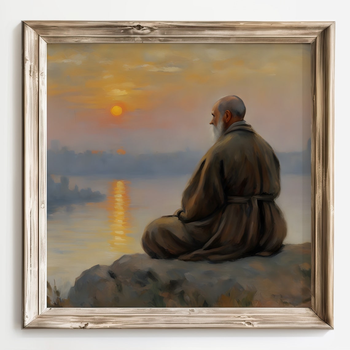 Meditating Monk Watching the Sunset Over a Calm River Poster - Image 2