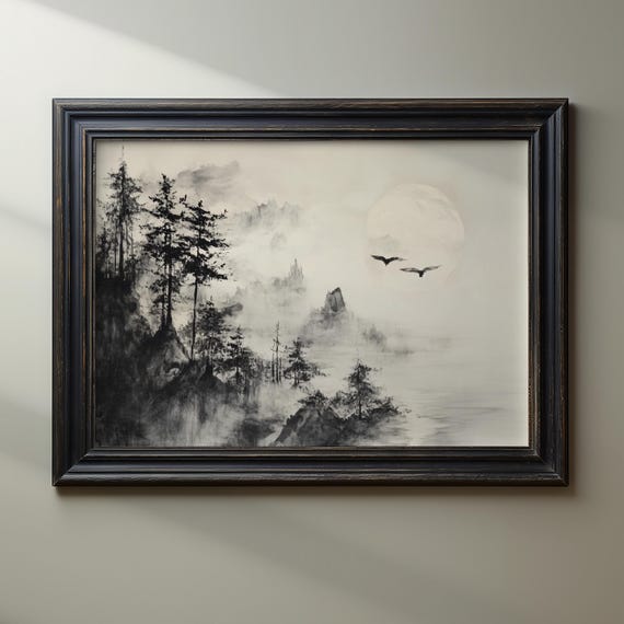 Japanese Ink Wash Painting Print Sumi E Style Decor Black And White Landscape Wall Art Zen Nature Decor Minimalist Mountain Scene