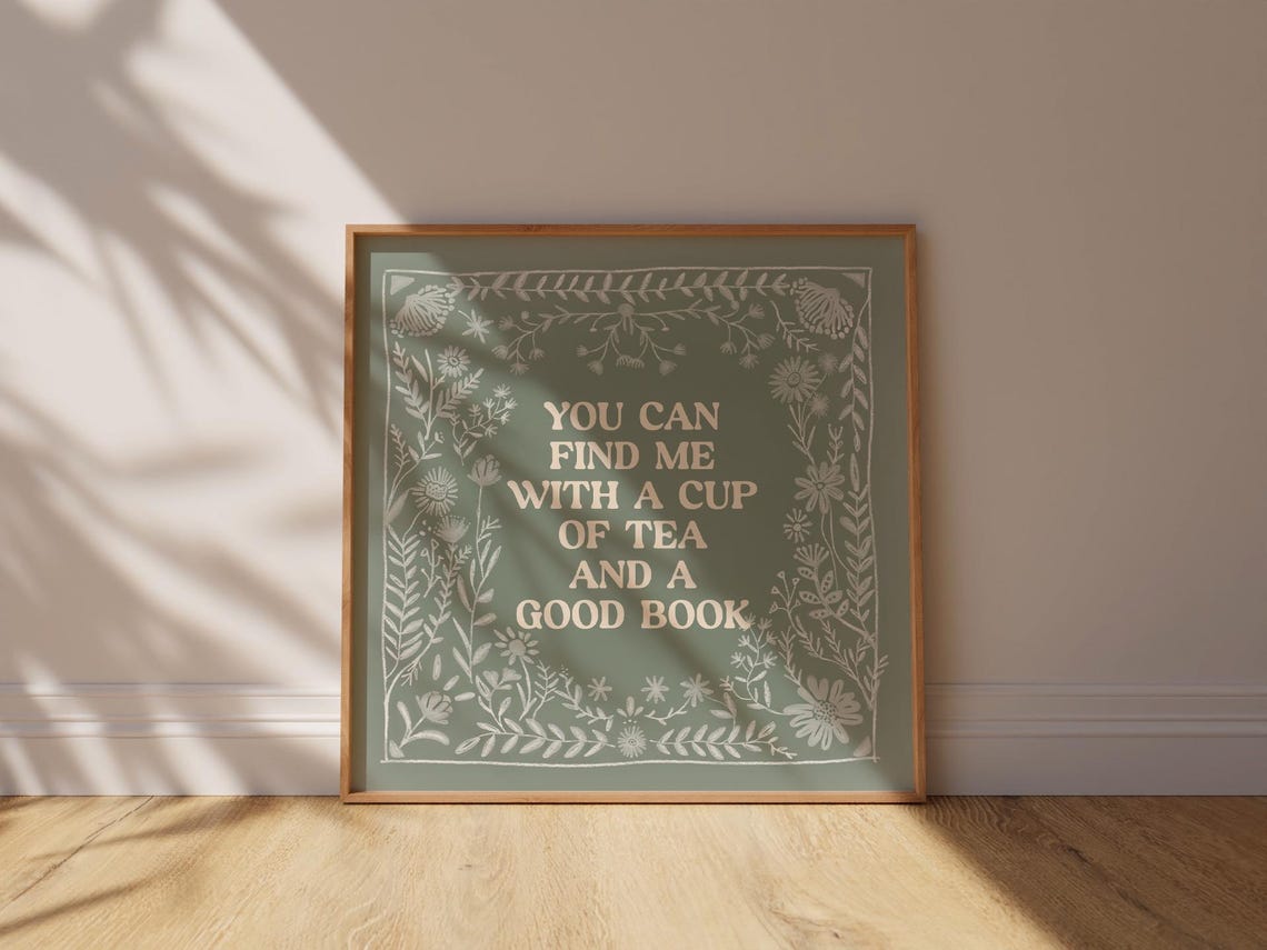 Book Lover Print Cup Of Tea And A Good Book Quote Gift For Avid Reader Folk Art Cottagecore - Image 2