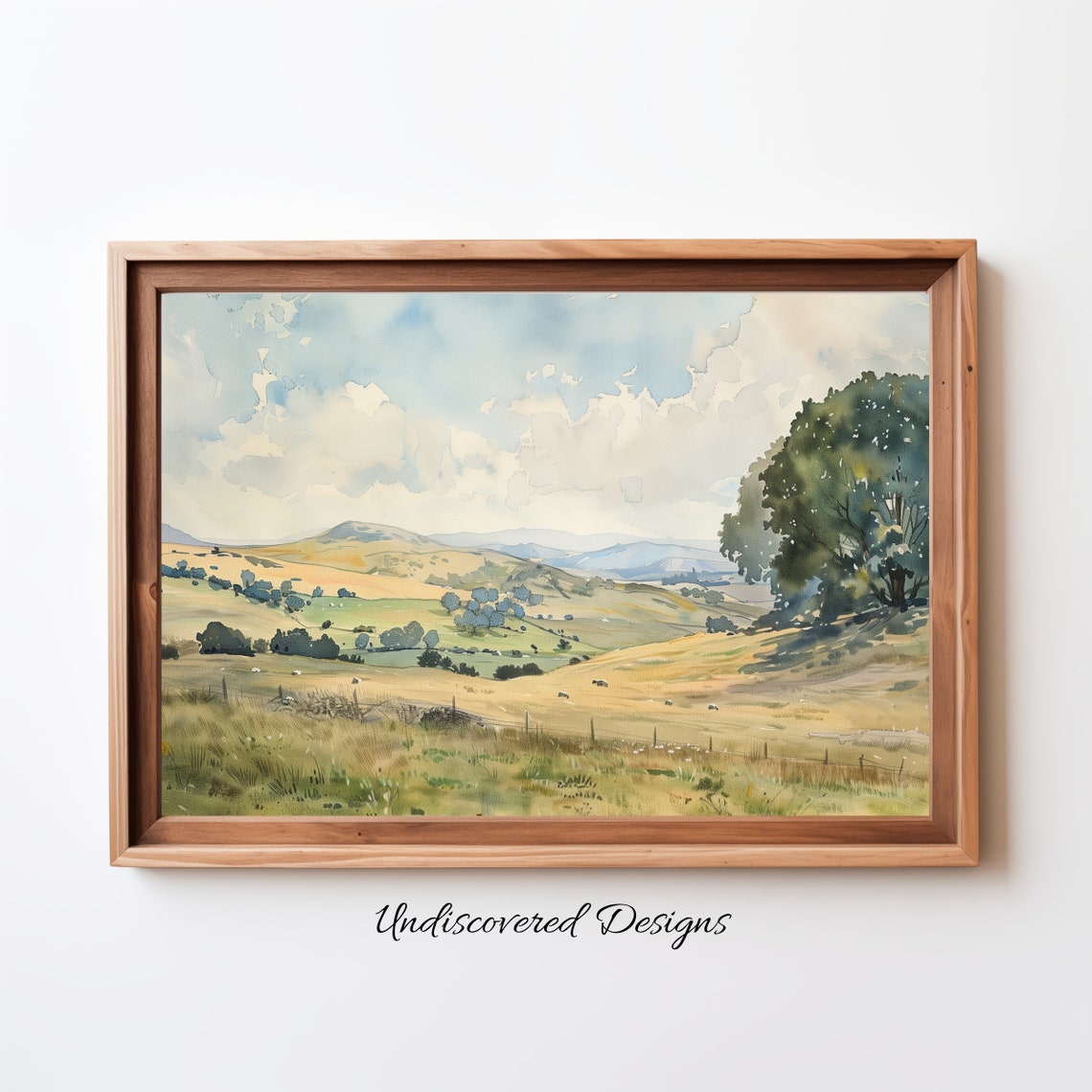 Golden Rolling Hills Countryside Watercolor Landscape Poster