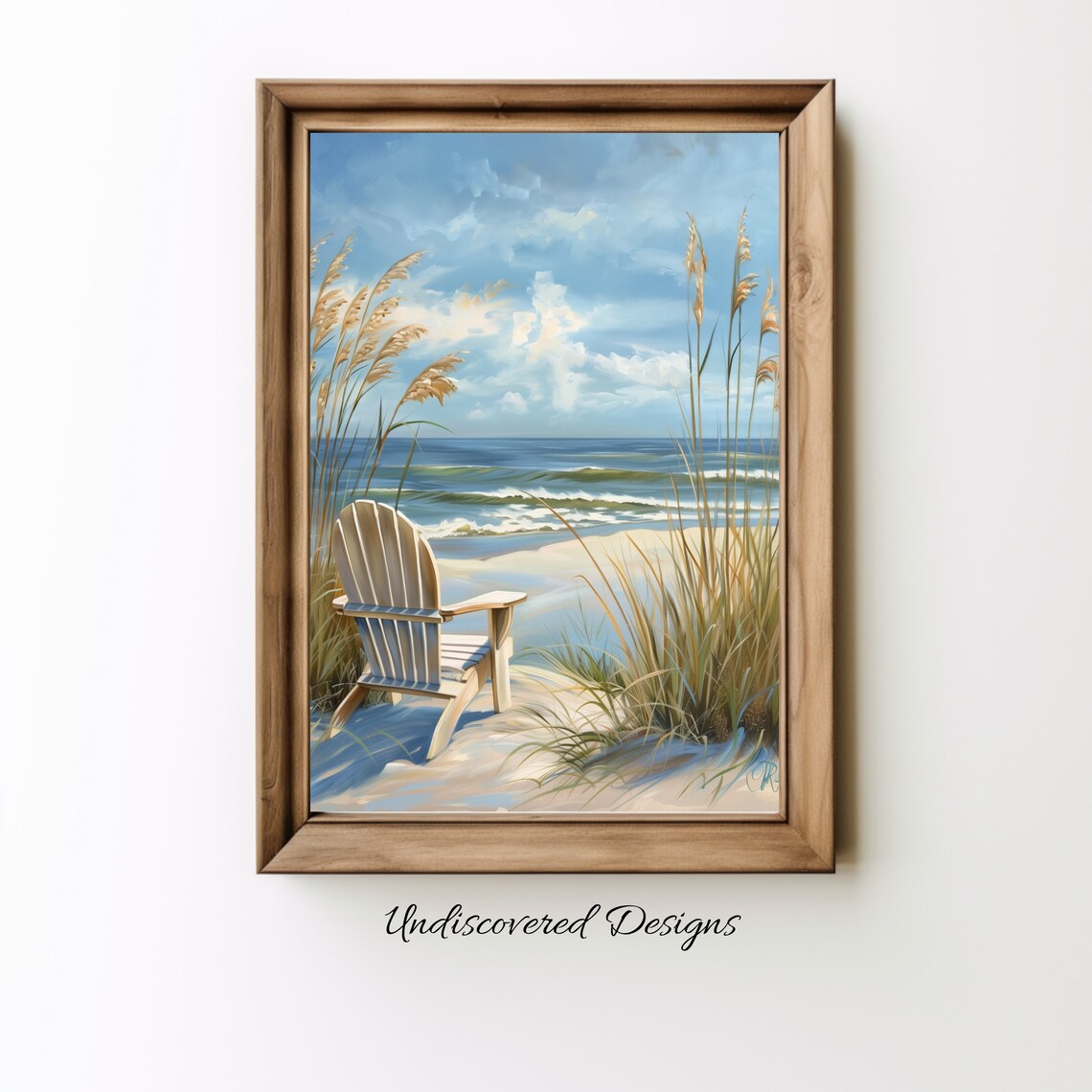 Beach Chair on Sandy Shore Vintage Oil Painting Coastal Wall Art