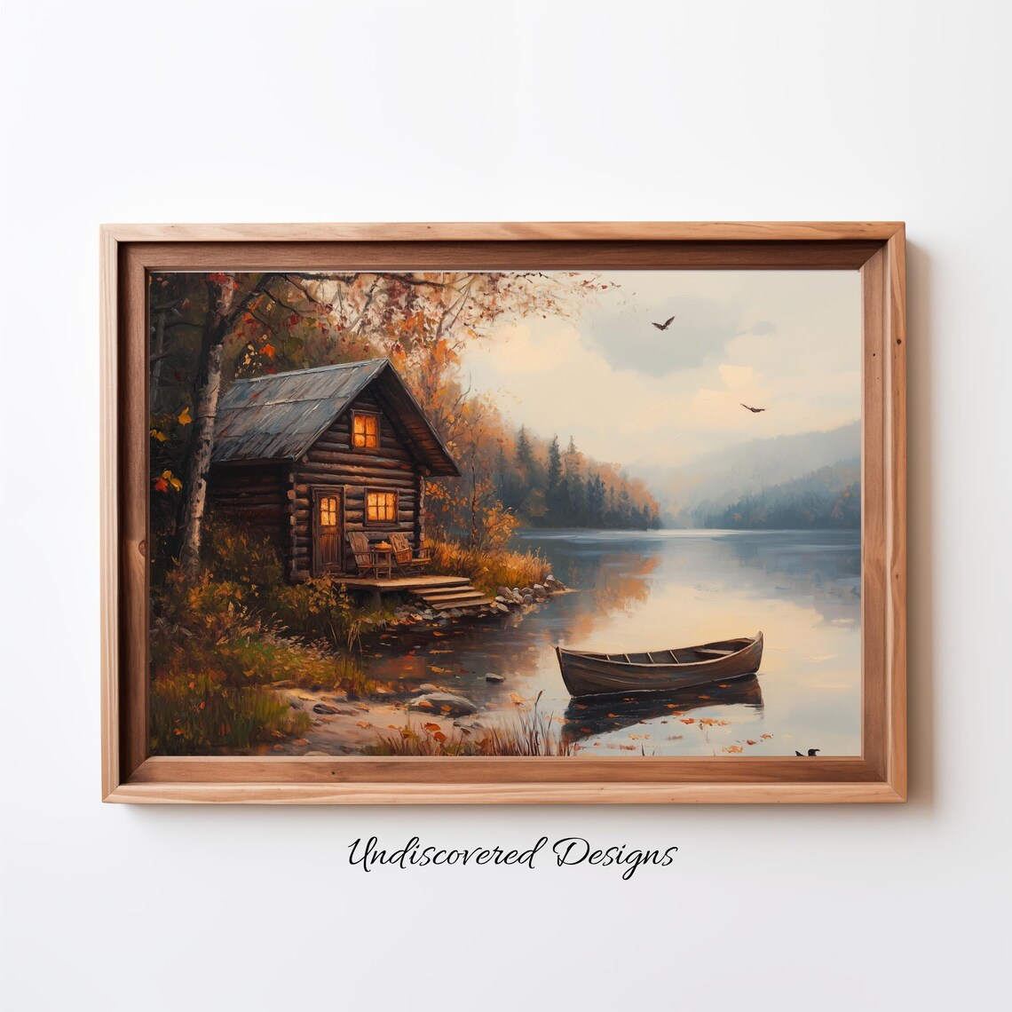 Rustic Log Cabin By Calm Lake With Autumn Canoe Painting Poster