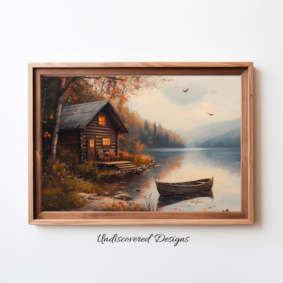 Rustic Cabin By The Lake Art Printout Wall Vintage Prints Print Oil Painting