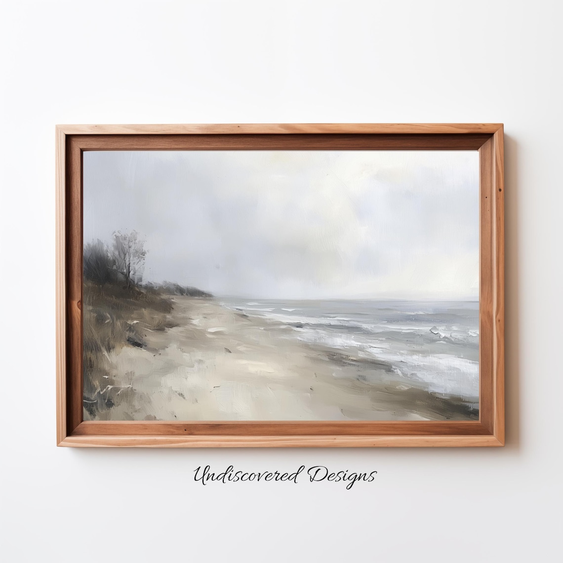 Misty Gray Beach Seascape Minimalist Coastal Oil Painting Wall Art