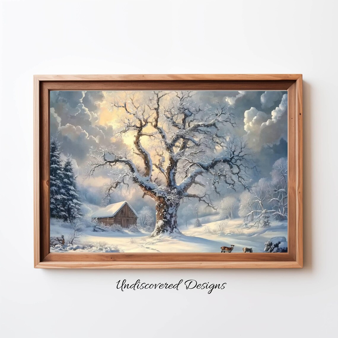 Snowy Oak Tree Cabin Deer Winter Landscape Vintage Art Poster