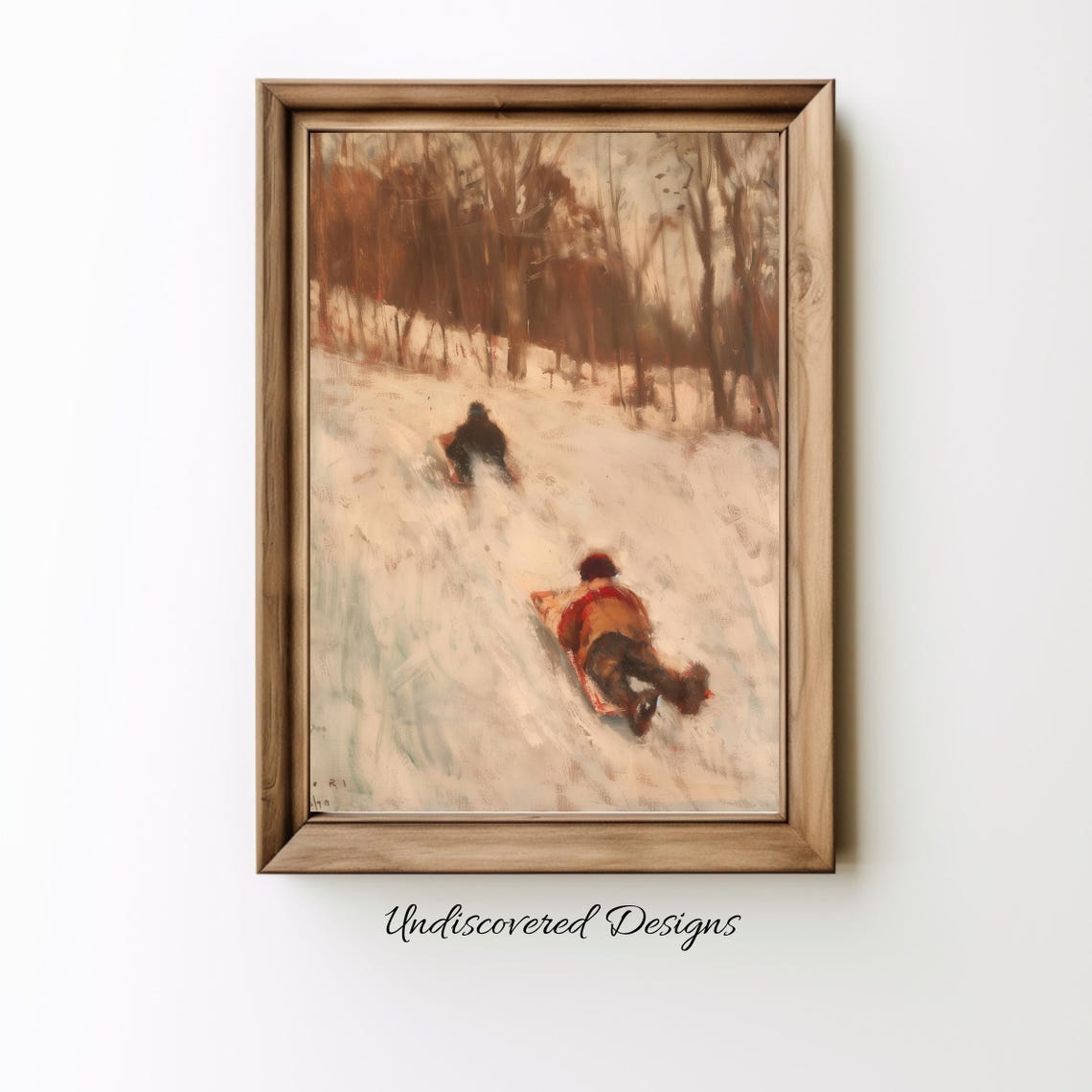 Children Sledding Down a Snowy Hill Vintage Winter Painting Poster