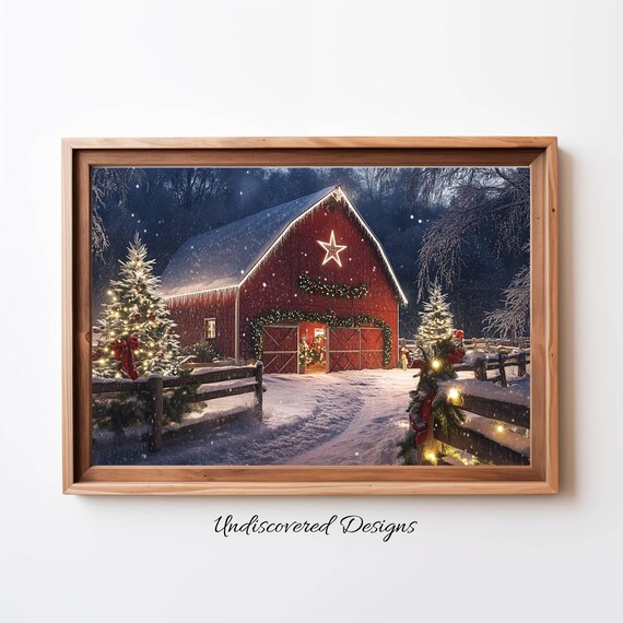 Red Barn At Christmas Snowy Night Holiday Lights Vintage Poster