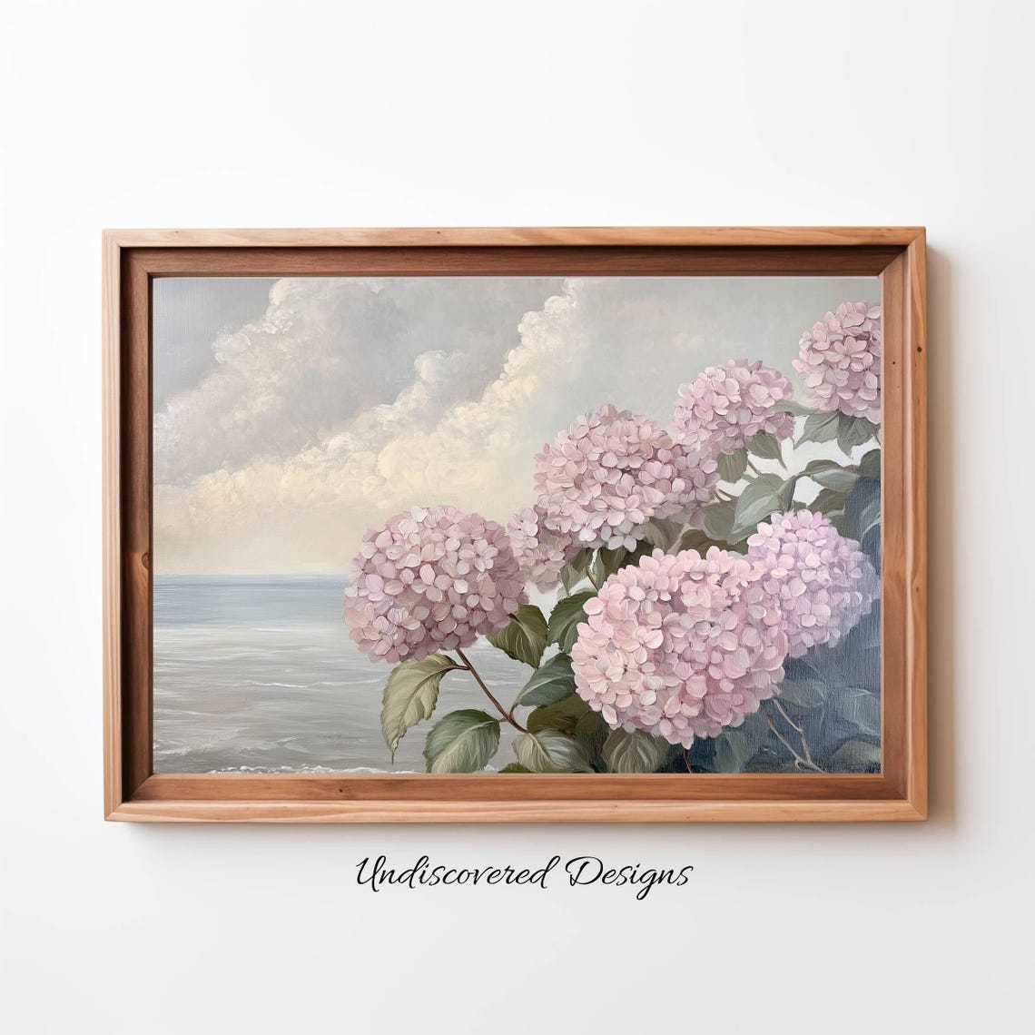Pink Hydrangea Blossoms Coastal Seaside Vintage Floral Art Print
