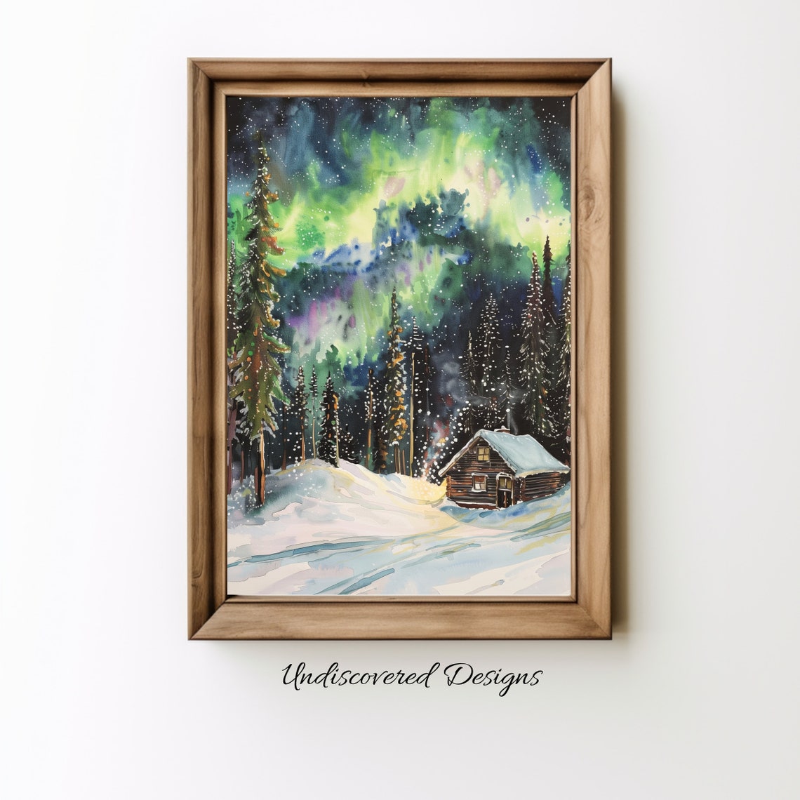Aurora Borealis Over Snowy Cabin In Pine Forest Winter Art Poster
