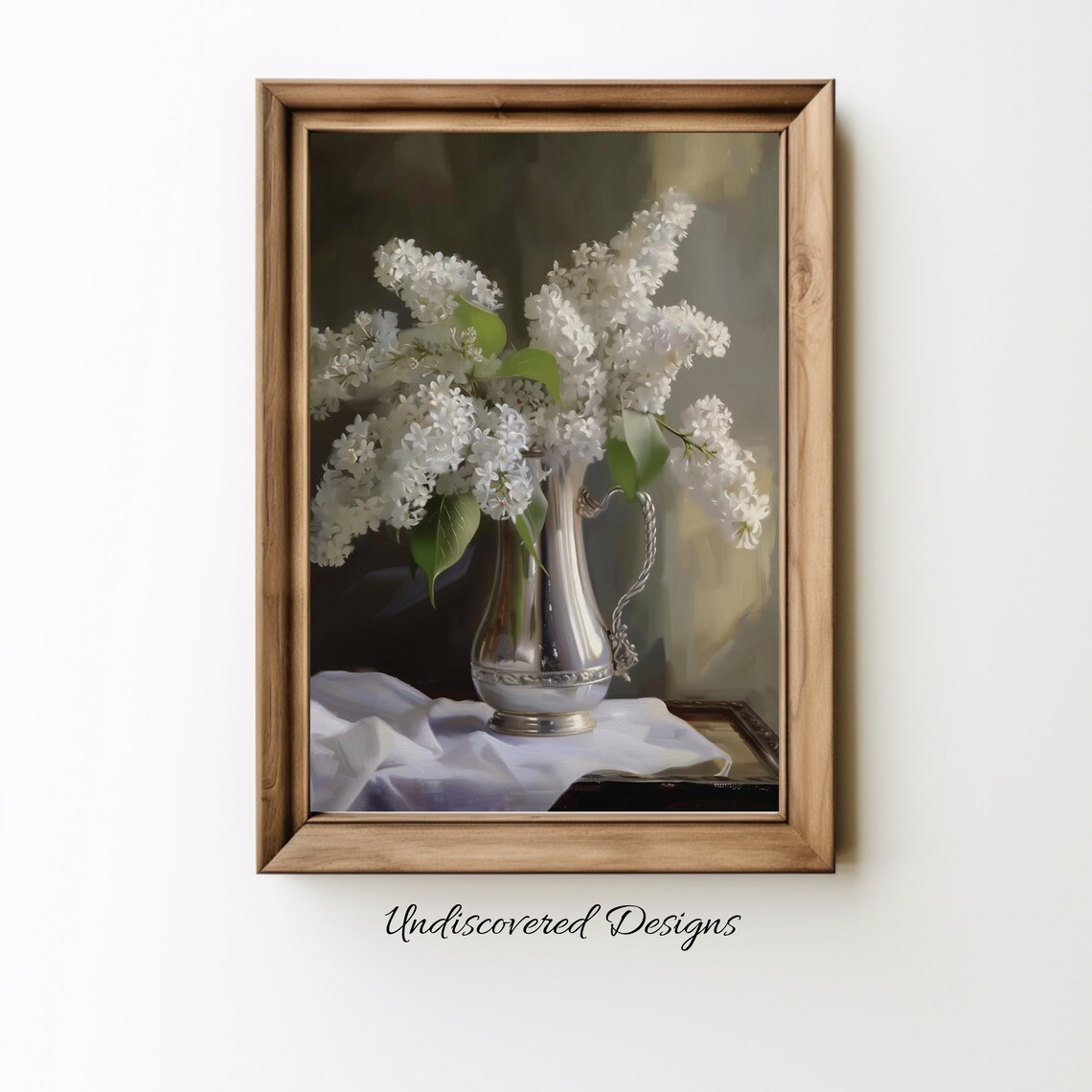 White Lilac Still Life Painting With Silver Pitcher Floral Poster