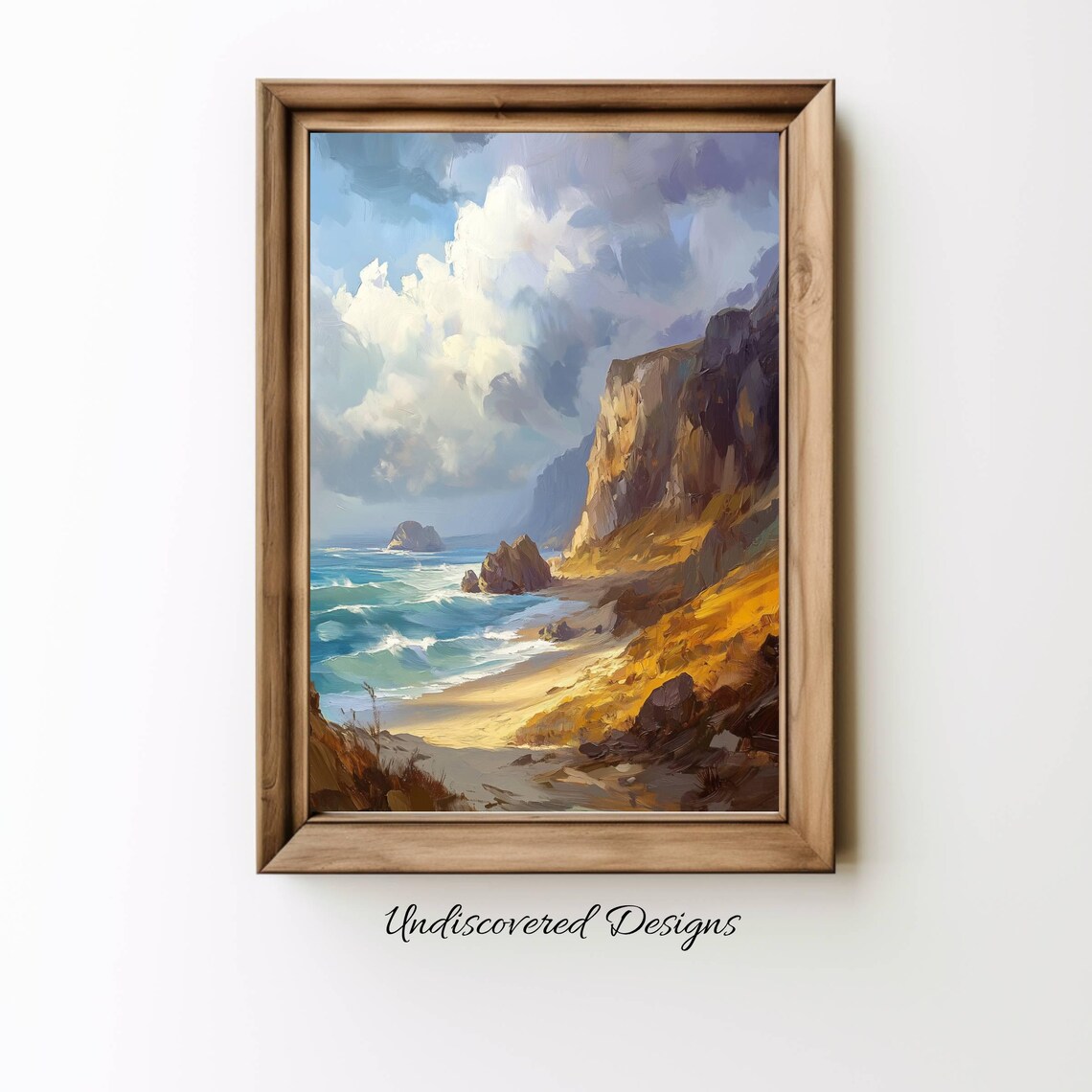Sunlit Rocky Coastline with Cliffs Summer Seascape Oil Painting Poster
