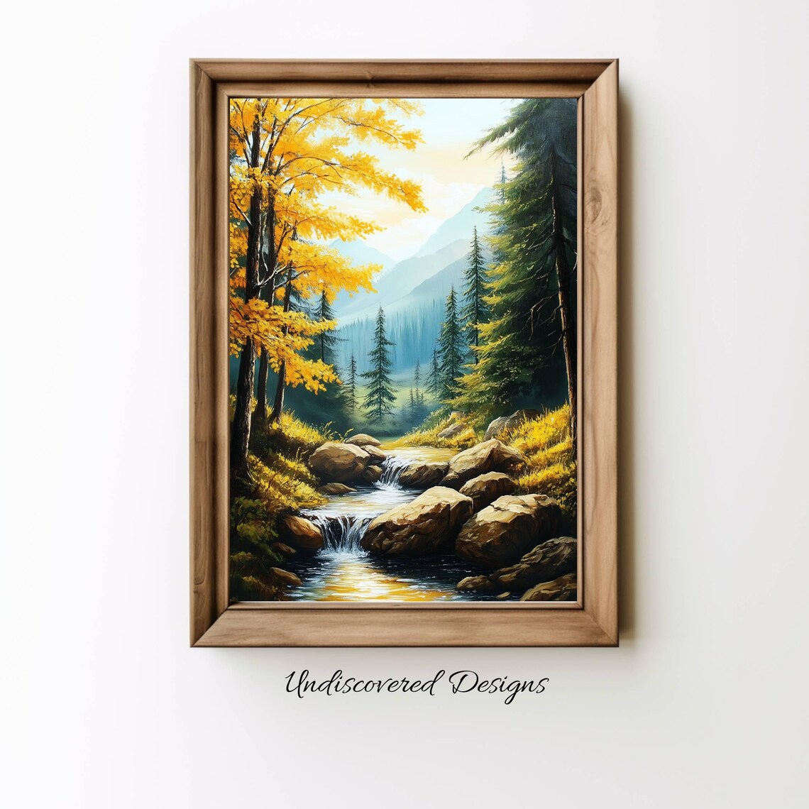 Golden Autumn Stream Waterfall Mountains Vintage Oil Painting Poster