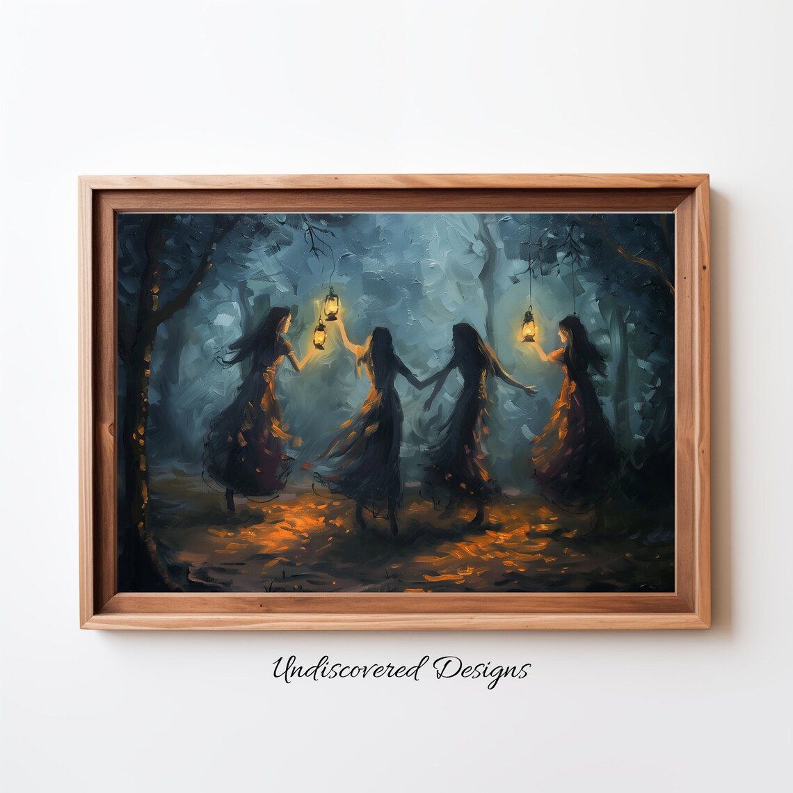 Witches Dancing with Lanterns Dark Woods Halloween Oil Painting Print