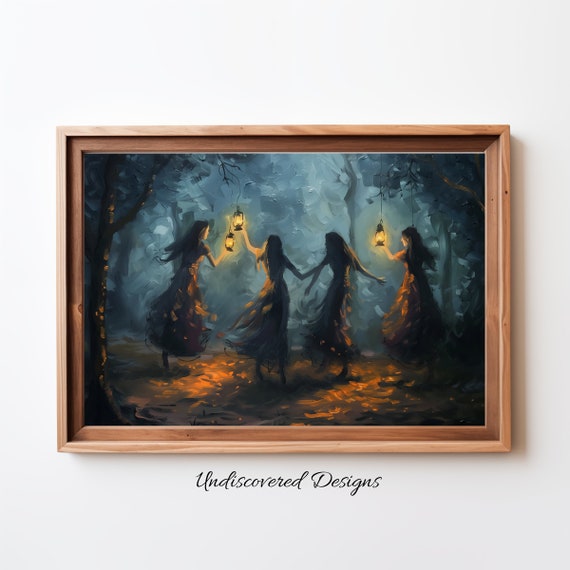 Witches Dancing In The Woods Spooky Halloween Art Dcor Wall Vintage Prints Oil Painting