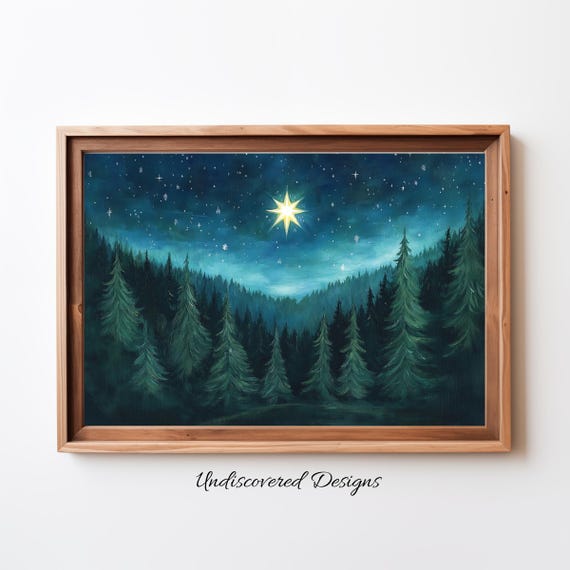 Star Shines Over Evergreen Forest Wall Art Vintage Print Winter Farmhouse Decor Printout