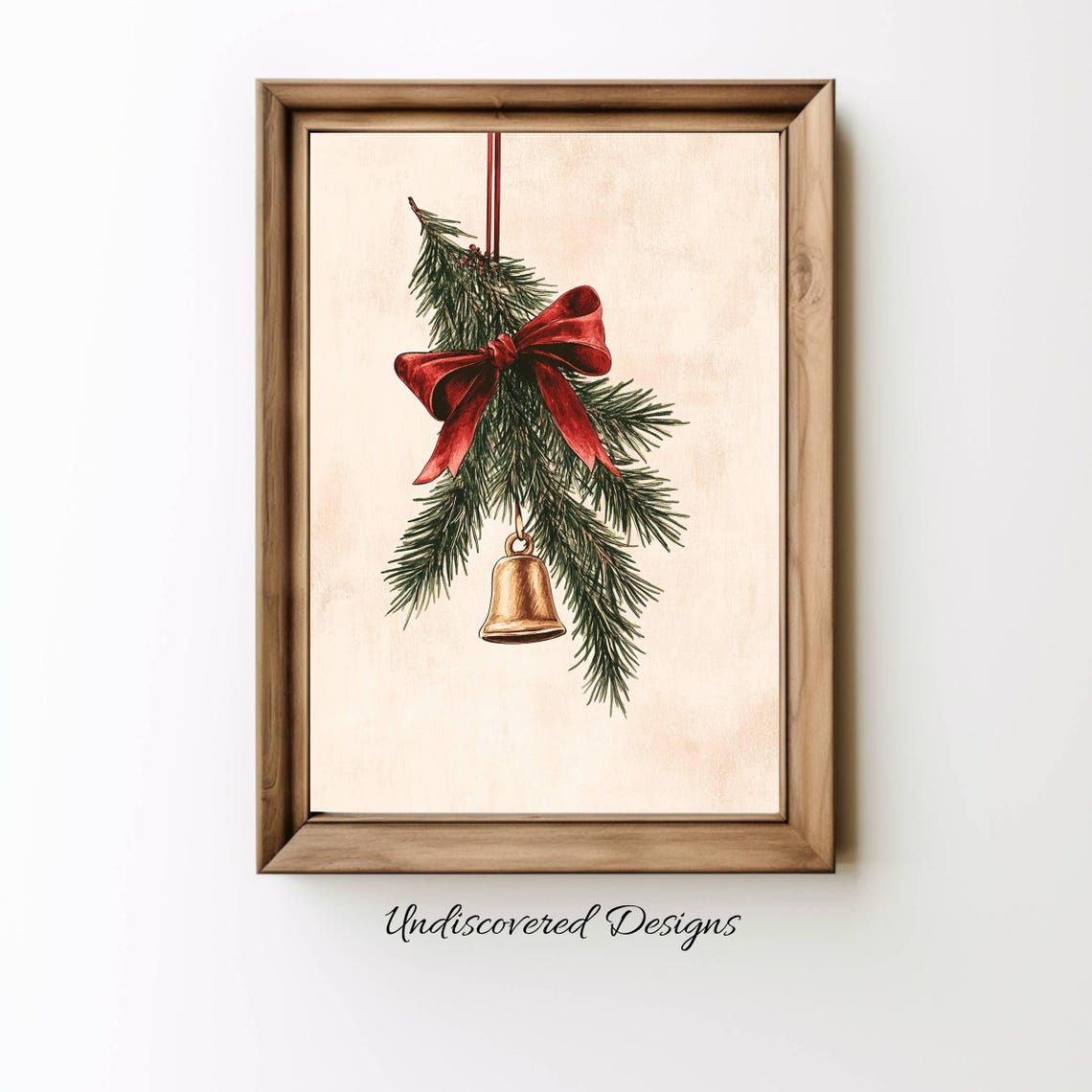 Christmas Evergreen Branch Poster with Red Bow and Brass Bell