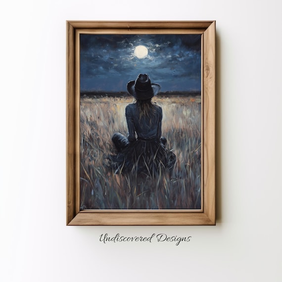 Woman In Cowboy Hat Under Full Moon Night Prairie Painting Poster